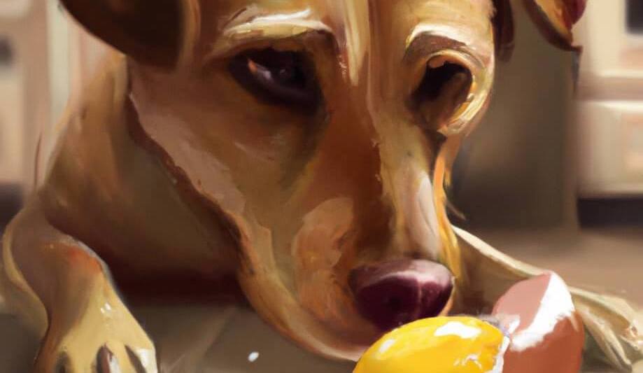 a dog is eating a egg in the kitchen floor